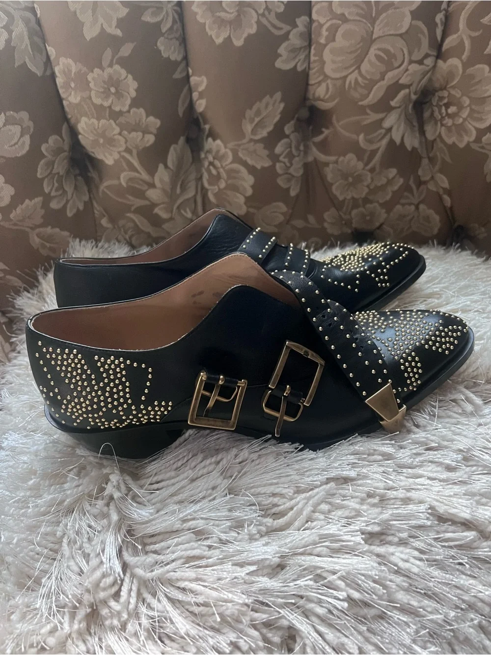 Chloe Black Leather Pointed Loafers with Gold Stud Detailing